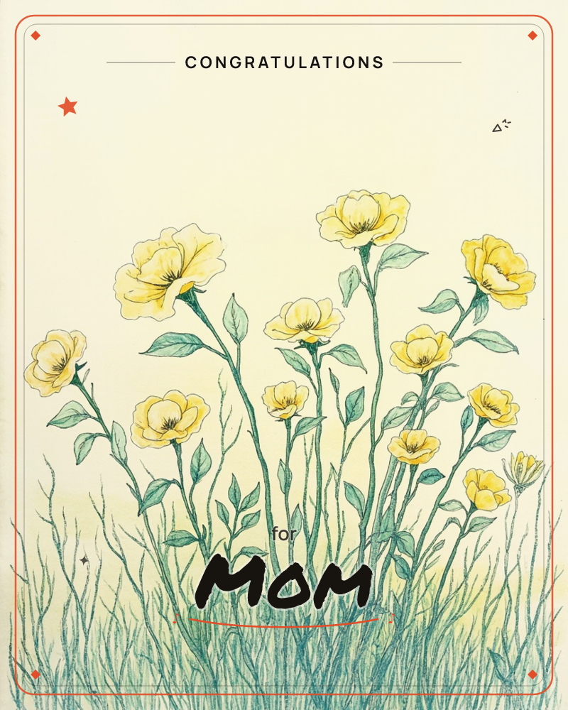 A cluster of tall yellow wildflowers rises on slender green stems above a bed of wispy grasses, with a small yellow butterfly resting near the lower…, a congratulations e-card design
