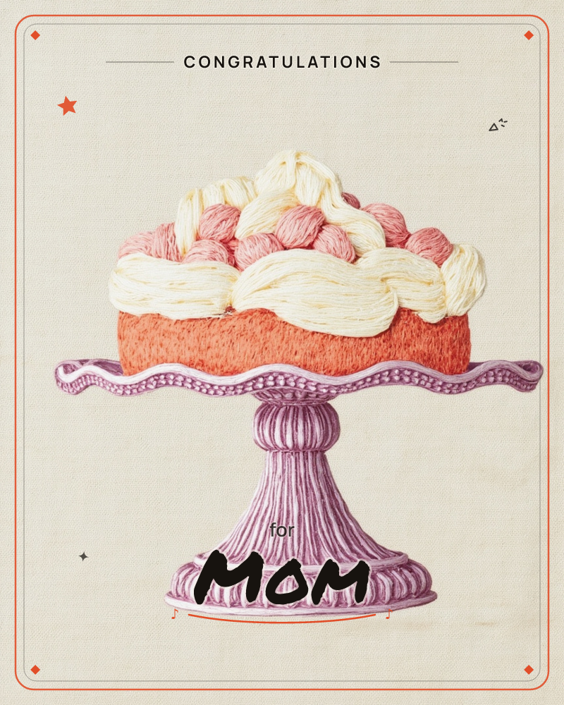A layered sponge cake sits on an ornate purple pedestal stand, its top piled with swirls of cream frosting and rosy berries, all rendered in dense…, a congratulations e-card design