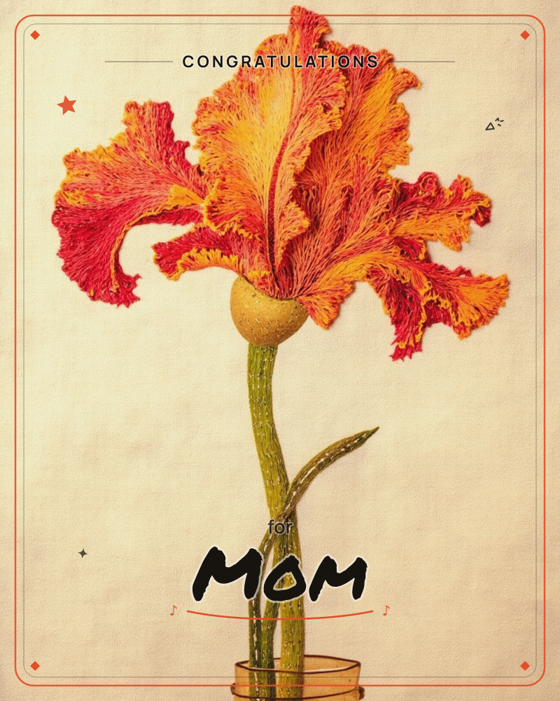 A single ruffled iris blazes in shades of red-orange and gold, its frilled petals stitched with fine feathery detail against a soft cream linen background, a congratulations e-card design