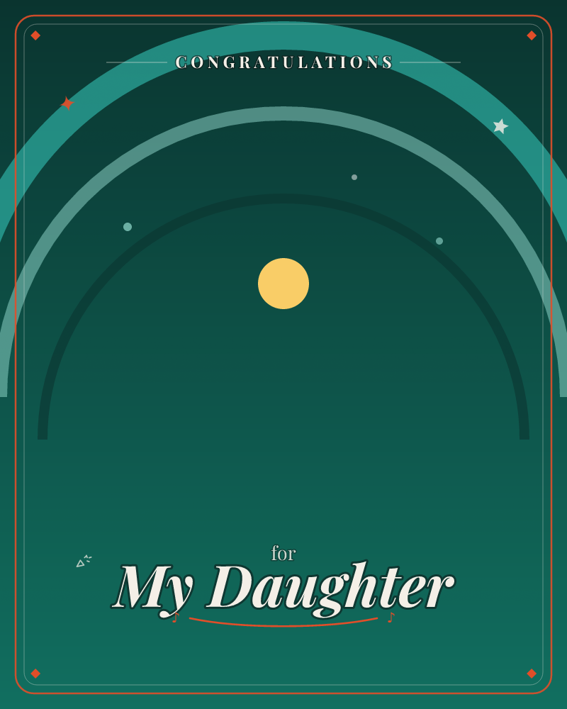A minimalist illustration of concentric arcs glowing in shades of teal against a deep emerald background, with a single golden orb sitting low at their…, a congratulations e-card design by @DittyCityTeam