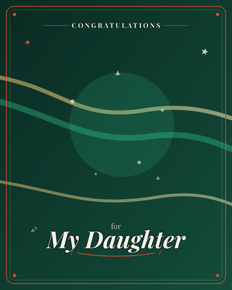 A deep forest-green backdrop holds a soft glowing circle like a moon or planet, crossed by gently undulating gold and jade ribbons of light, a congratulations e-card design by @DittyCityTeam