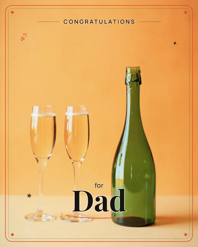 A photographic still life shows a dark green champagne bottle, cork already popped, standing beside two filled flutes on a plain cream surface, all set…, a congratulations e-card design