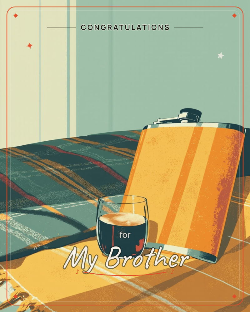 A metal hip flask with an orange-striped wrap leans against a folded tartan blanket, a glass of dark liquor catching the light beside it, a congratulations e-card design