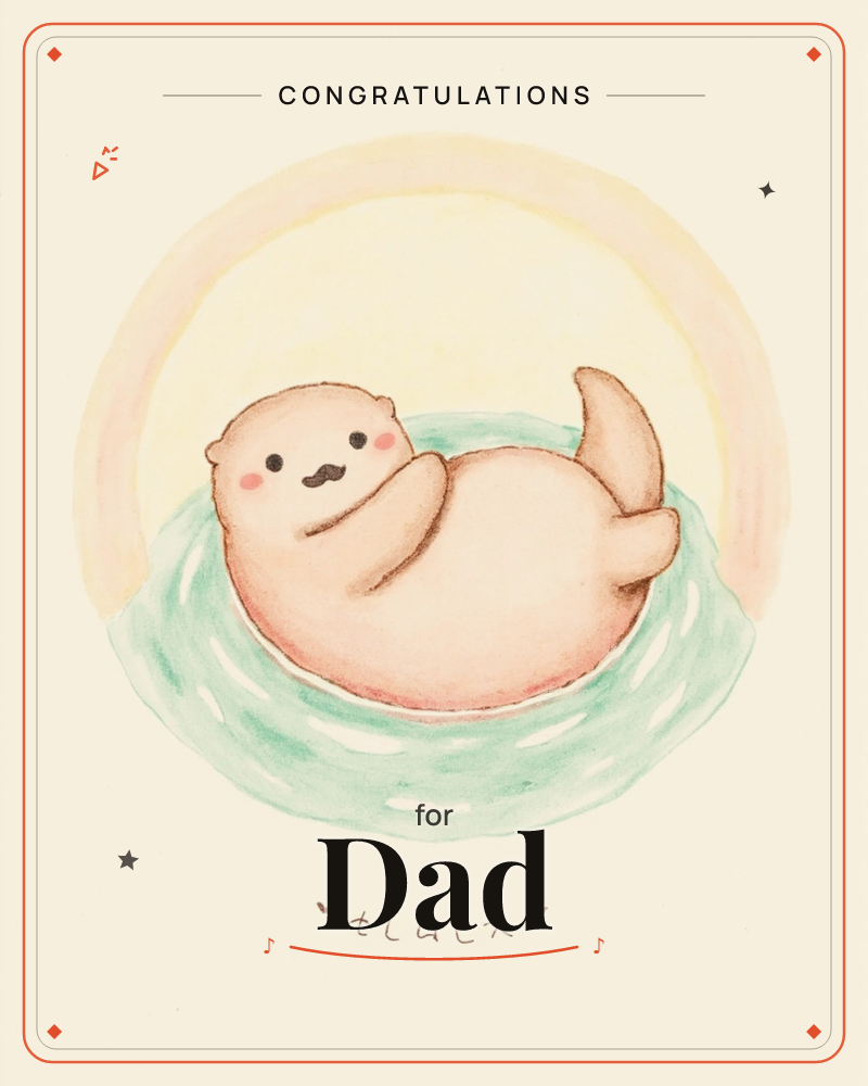 A round, soft-bellied otter with a little moustache floats on its back inside a circle of teal water, paws tucked up like it hasn't a care in the world, a congratulations e-card design