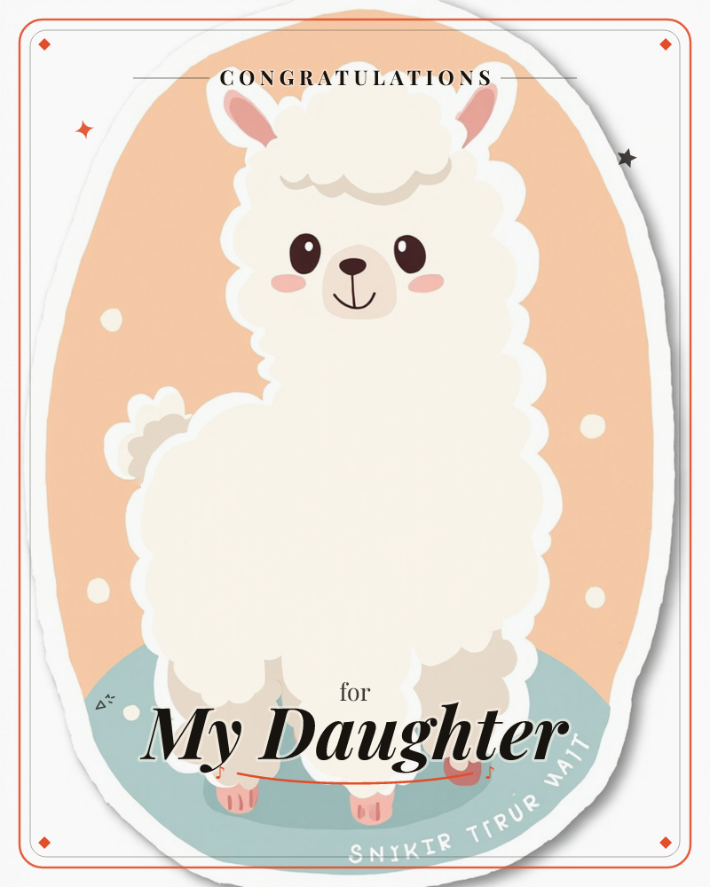 A fluffy white alpaca with a cloud-like coat and rosy cheeks stands smiling against a peach oval backdrop, its tiny pink-tipped ears and hooves peeking…, a congratulations e-card design