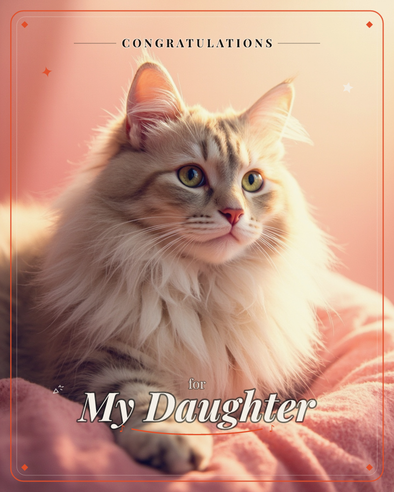 A fluffy long-haired cat with cream and grey tabby markings sits regally on a soft pink blanket, its green eyes gazing off to the side, a congratulations e-card design