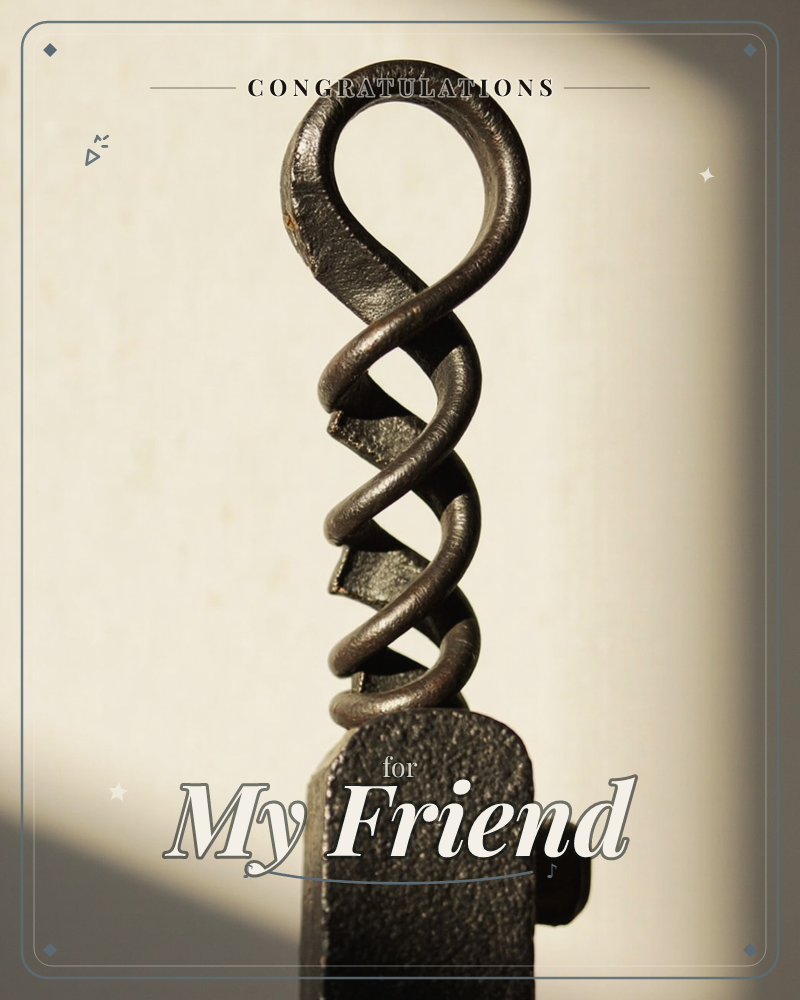 A close-up photograph of an old iron corkscrew, its dark metal spiral twisted into a looping handle, standing upright against a soft cream background…, a congratulations e-card design