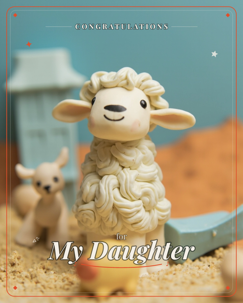 A sculpted clay sheep with thick swirling wool stands in a tiny toy farmyard, its rosy-cheeked face smiling gently beside a small dog figure and a pale…, a congratulations e-card design