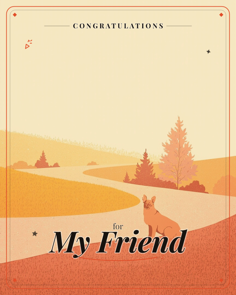 A lone fox sits on a winding path that curves through rolling hills, rendered entirely in warm sunset tones of amber and rust, a congratulations e-card design