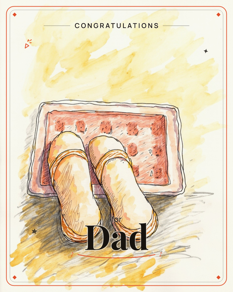 A loose watercolour sketch shows a pair of pale golden sandals resting on a pink polka-dotted tray, set against a warm wash of yellow and cream, a congratulations e-card design