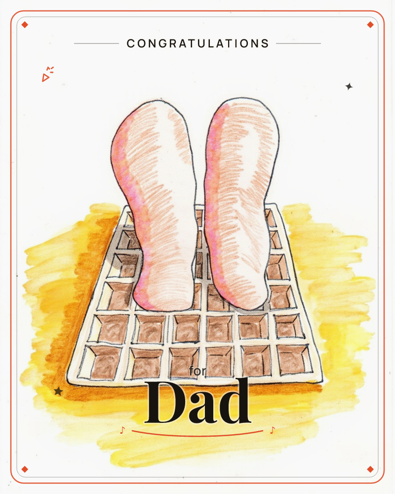 A pair of bare feet stand upright on a golden waffle, its grid of squares rendered in warm browns against a loose sunny-yellow wash, a congratulations e-card design