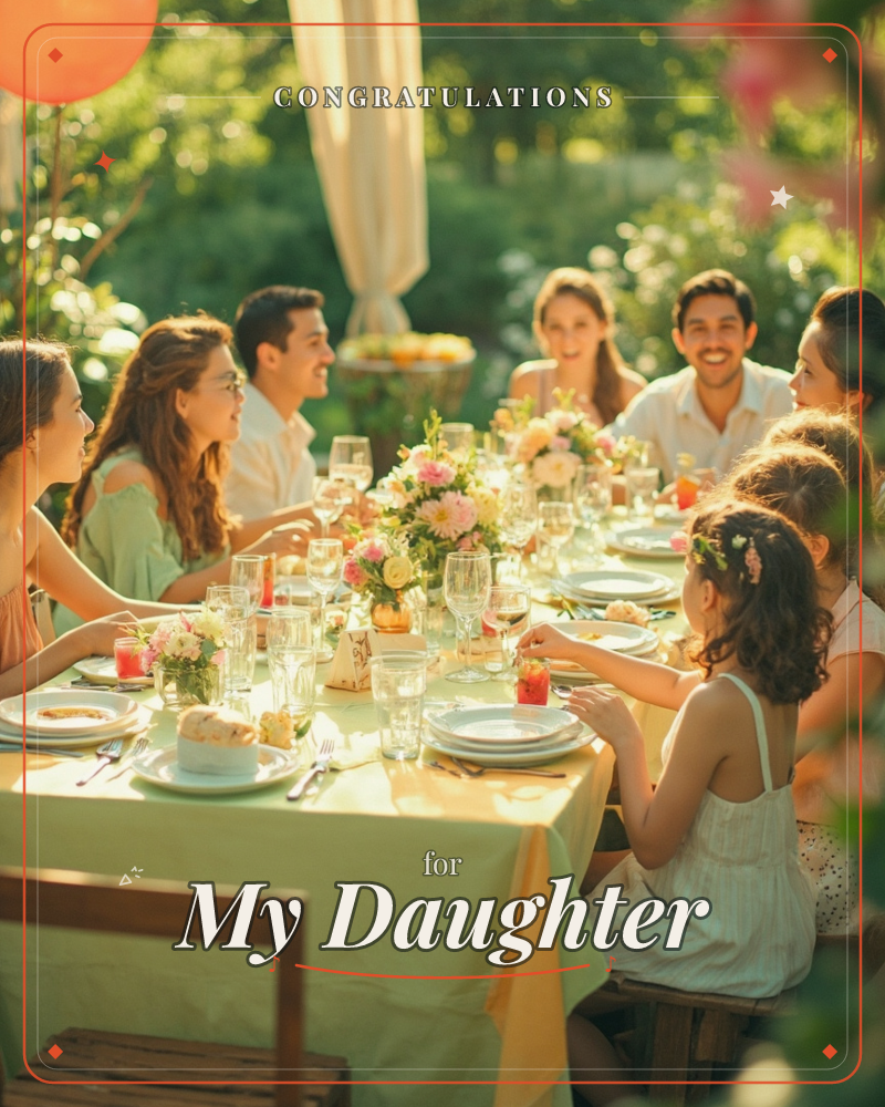 A long outdoor table is set beneath greenery with a pale yellow cloth, pink floral centerpieces, and glasses catching the golden afternoon light, a congratulations e-card design
