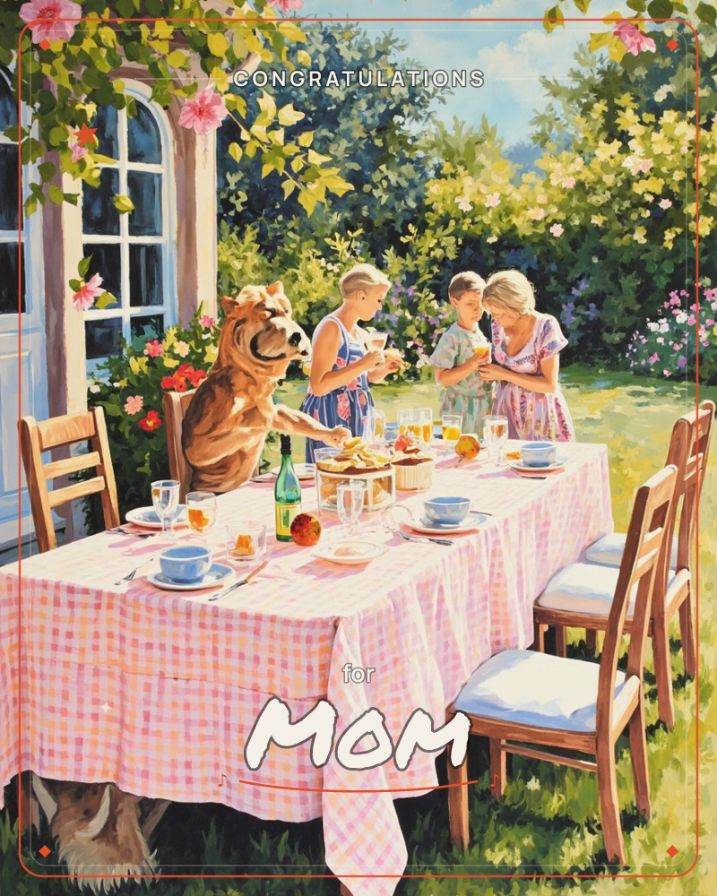 A garden table is laid with a pink gingham cloth, teacups, fruit and a bottle of wine, set beneath a wall of climbing roses and sunlit trees, a congratulations e-card design