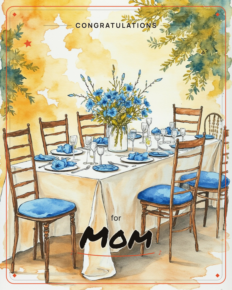 A long table is set outdoors under dappled golden light, dressed in a white cloth with blue napkins, white plates and wine glasses at every place, a congratulations e-card design