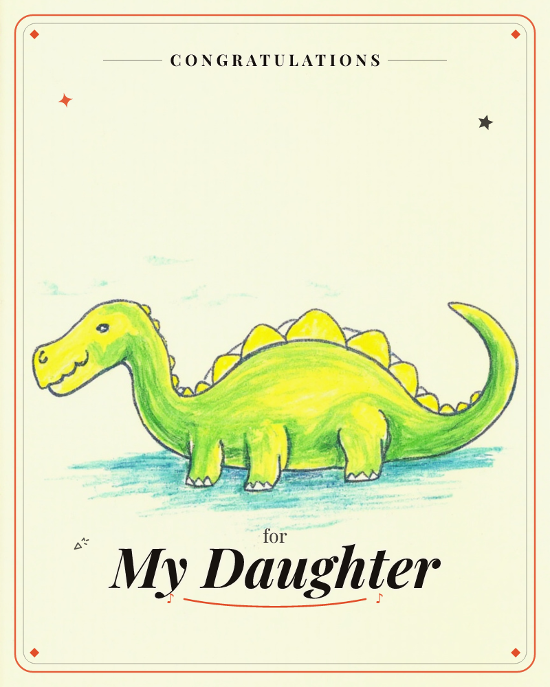 A friendly green and yellow dinosaur with a long neck and rows of triangular back-spikes stands on a patch of teal-scribbled ground, drawn in the…, a congratulations e-card design
