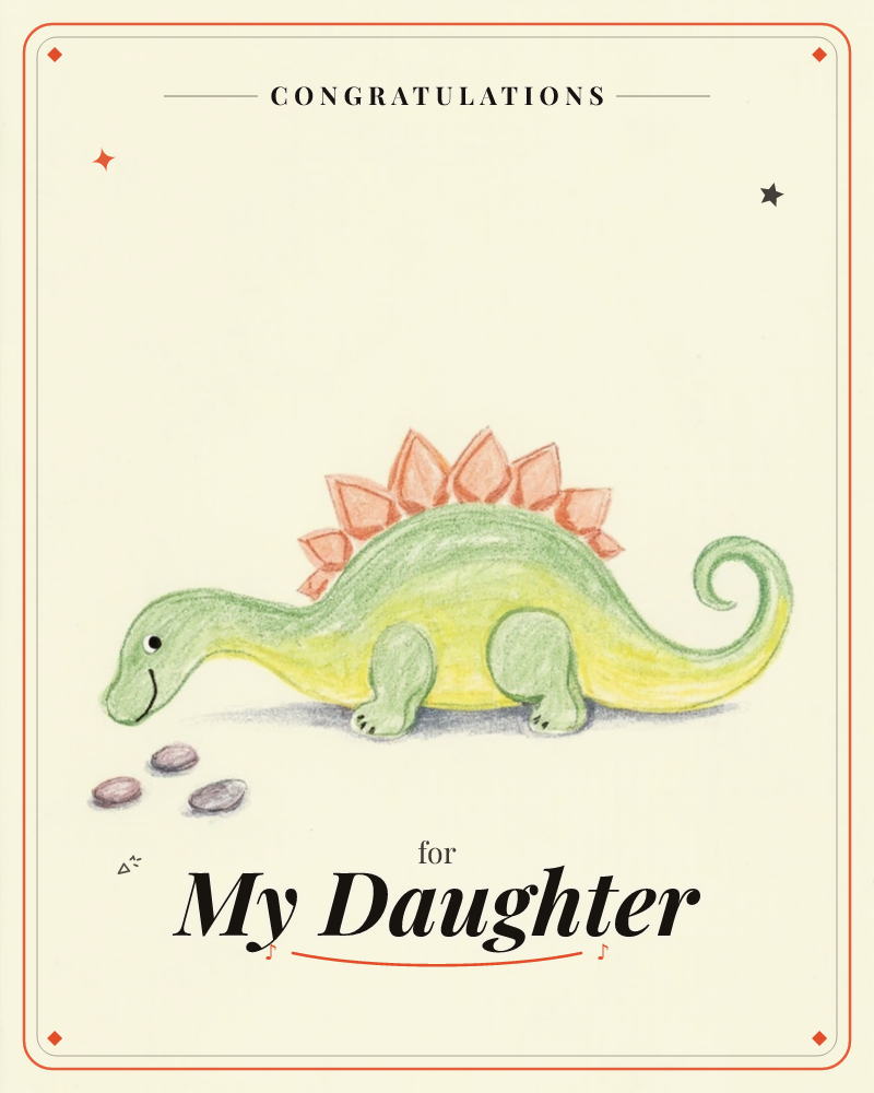 A friendly green stegosaurus with a row of coral-orange spiked plates along its back stands on a plain cream background, its tail curling into a gentle…, a congratulations e-card design