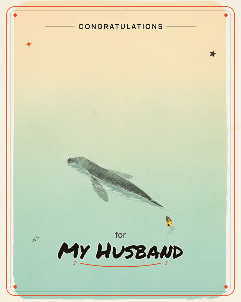 A small grey seal-like creature glides through pale water beneath a soft gradient sky of cream fading into seafoam green, a tiny orange butterfly…, a congratulations e-card design