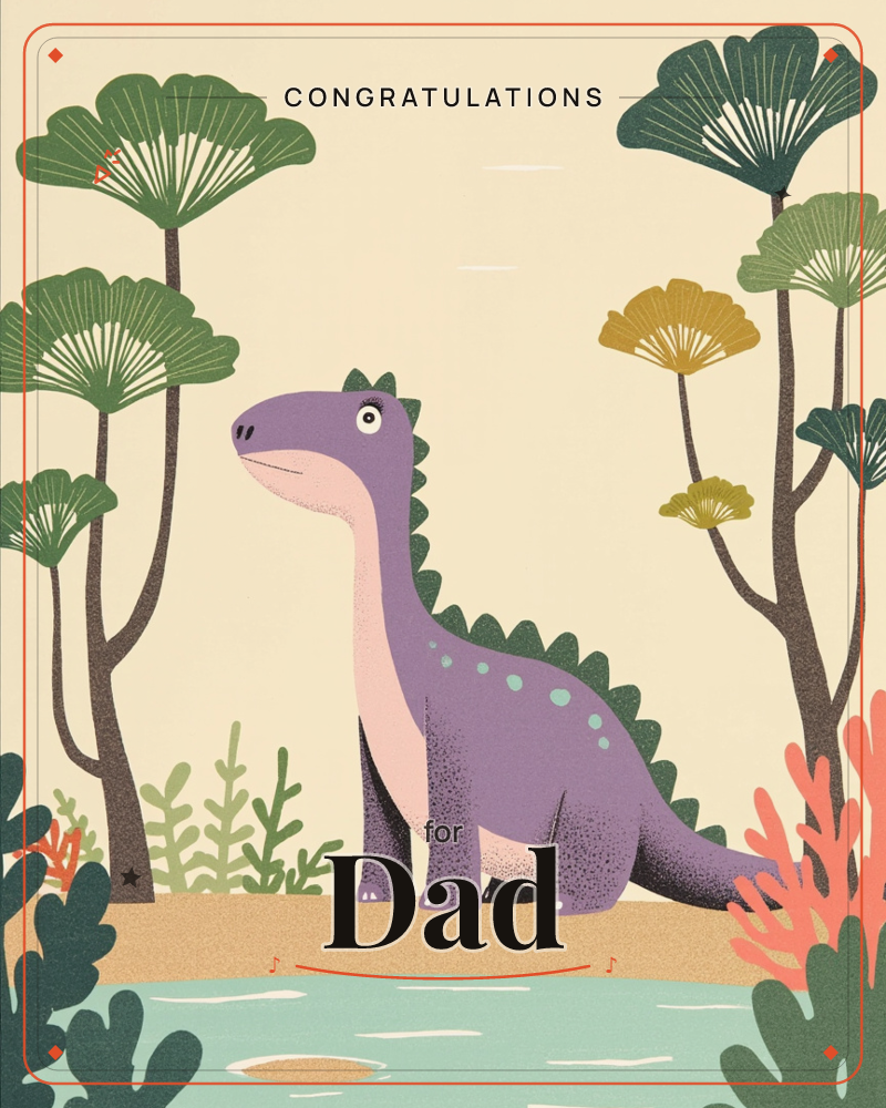 A friendly purple dinosaur with a pale pink belly and green spine spikes stands on a sandy bank beside a calm turquoise pool, gazing upward with wide…, a congratulations e-card design
