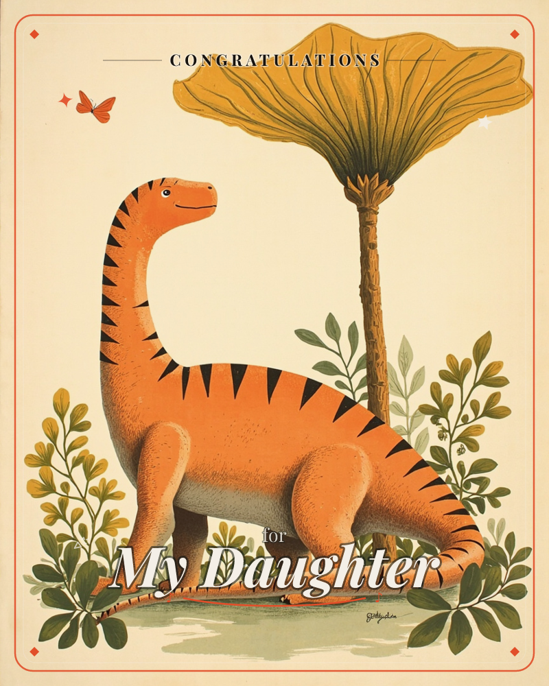 A friendly orange long-necked dinosaur with dark striped spikes stands beneath a giant mushroom-shaped tree, its curling tail looped on the ground, a congratulations e-card design