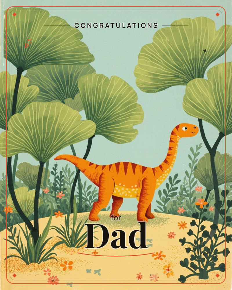A cheerful orange dinosaur with a spotted belly and triangular back plates stands smiling on a sandy hilltop, surrounded by tall fan-leafed prehistoric…, a congratulations e-card design