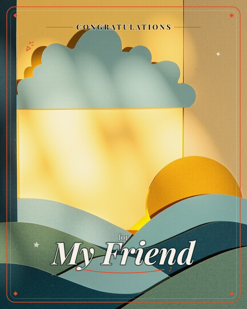 A paper-craft landscape shows layered hills in dusty teal and green rising toward a glowing golden sun, its light spilling through a gap left by a…, a congratulations e-card design