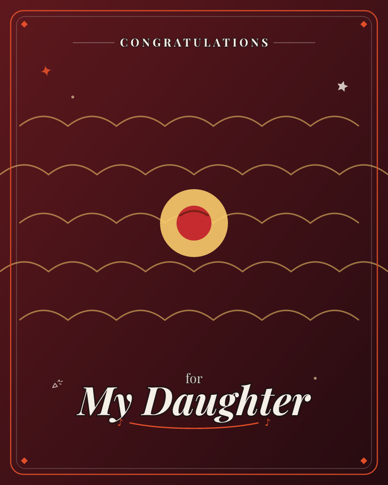 A deep maroon background darkens toward black at the edges, crossed by five thin gold scalloped lines like ripples or distant hills, a congratulations e-card design by @DittyCityTeam
