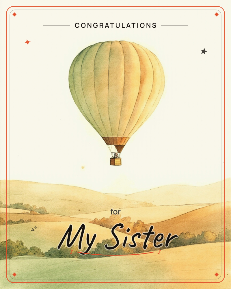 A hot air balloon drifts high above a patchwork of rolling countryside hills, its wicker basket carrying a tiny figure, a congratulations e-card design