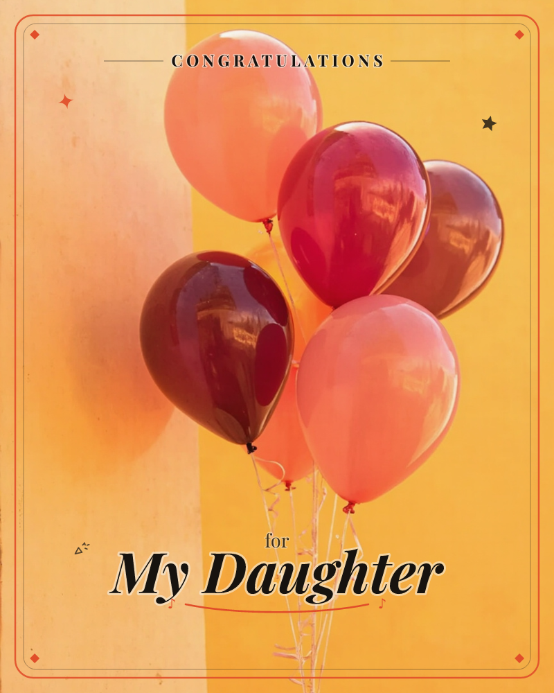 A cluster of glossy balloons in peach, wine and deep maroon hangs against a sunlit mustard-yellow wall, their curling ribbons trailing loose below, a congratulations e-card design