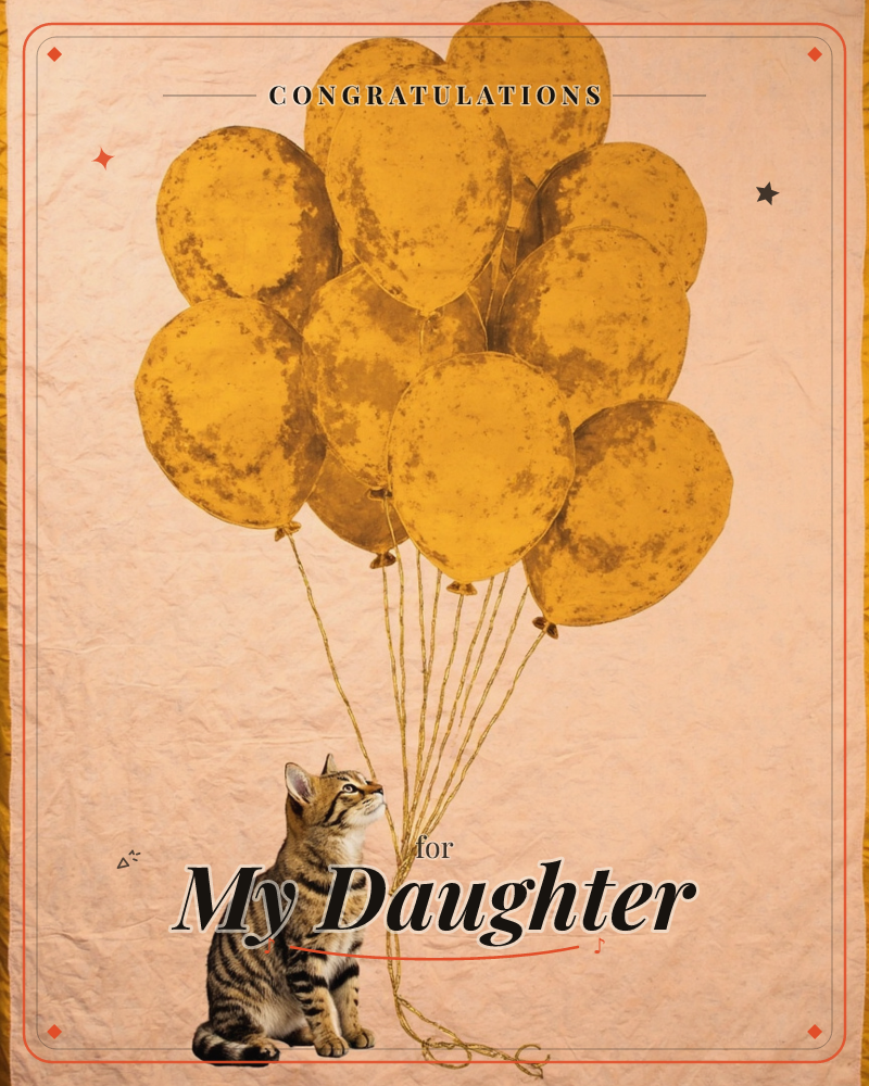 A striped tabby cat sits neatly on a soft pink, textured background, gazing up at a huge cluster of mustard-gold balloons tied together with string, a congratulations e-card design