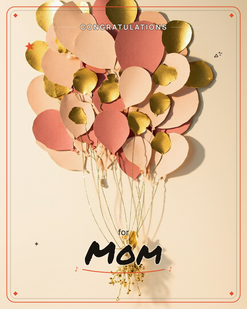 A cluster of paper-cut balloons in blush pink, dusty rose and metallic gold floats against a warm cream backdrop, their strings gathered into a knotted…, a congratulations e-card design