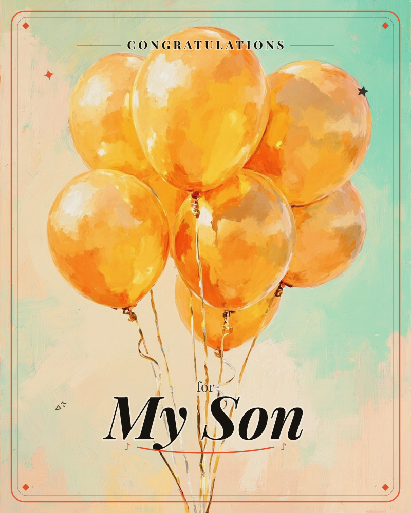 A cluster of golden-orange balloons floats against a soft mint and peach sky, their strings trailing loosely below, a congratulations e-card design