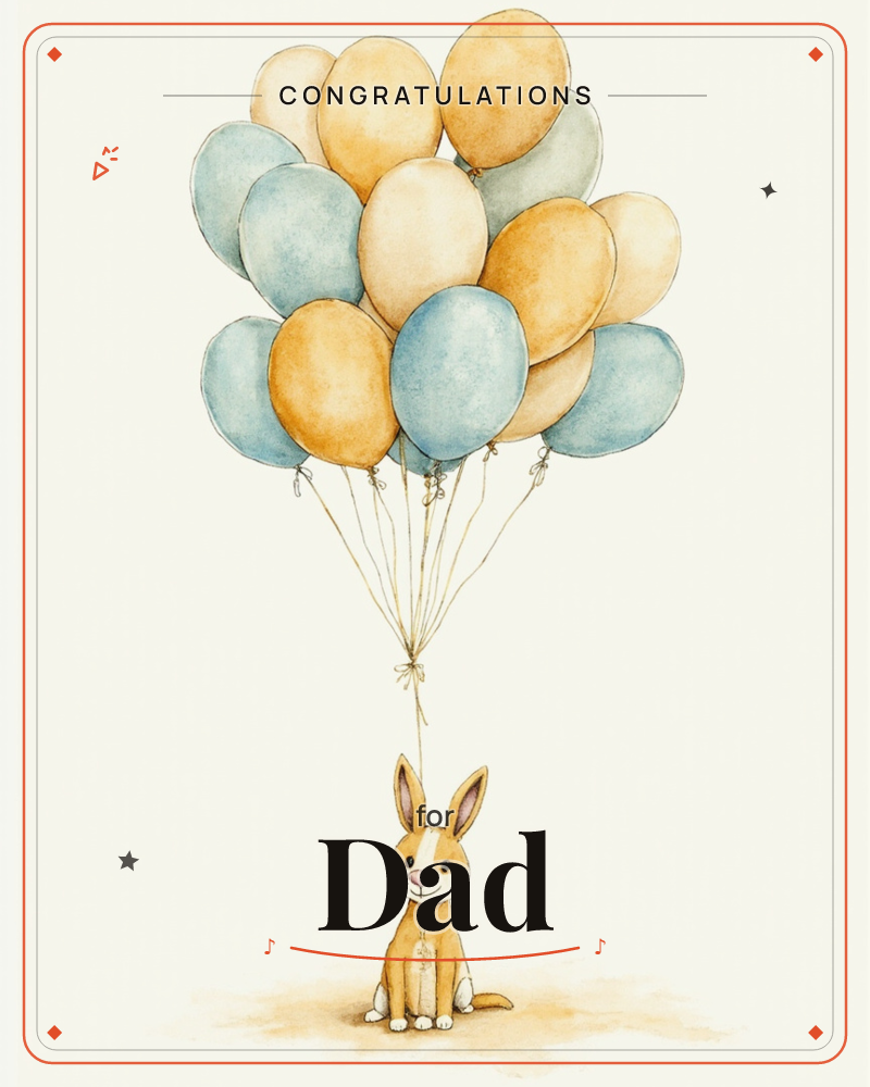 A small brown rabbit sits alone on a bare patch of ground, tethered to a huge bunch of watercolour balloons in mustard yellow, cream and dusty blue…, a congratulations e-card design