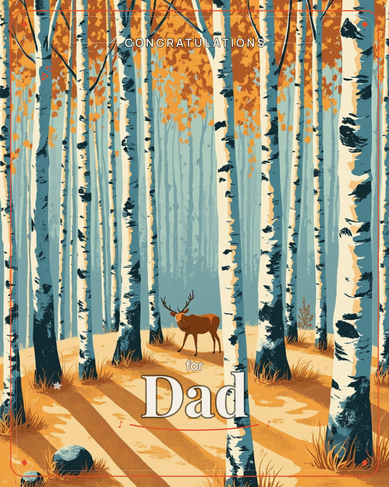 A stag with tall antlers stands quietly among slender white birch trunks in an autumn forest, sunlight cutting long amber shadows across the grassy ground, a congratulations e-card design