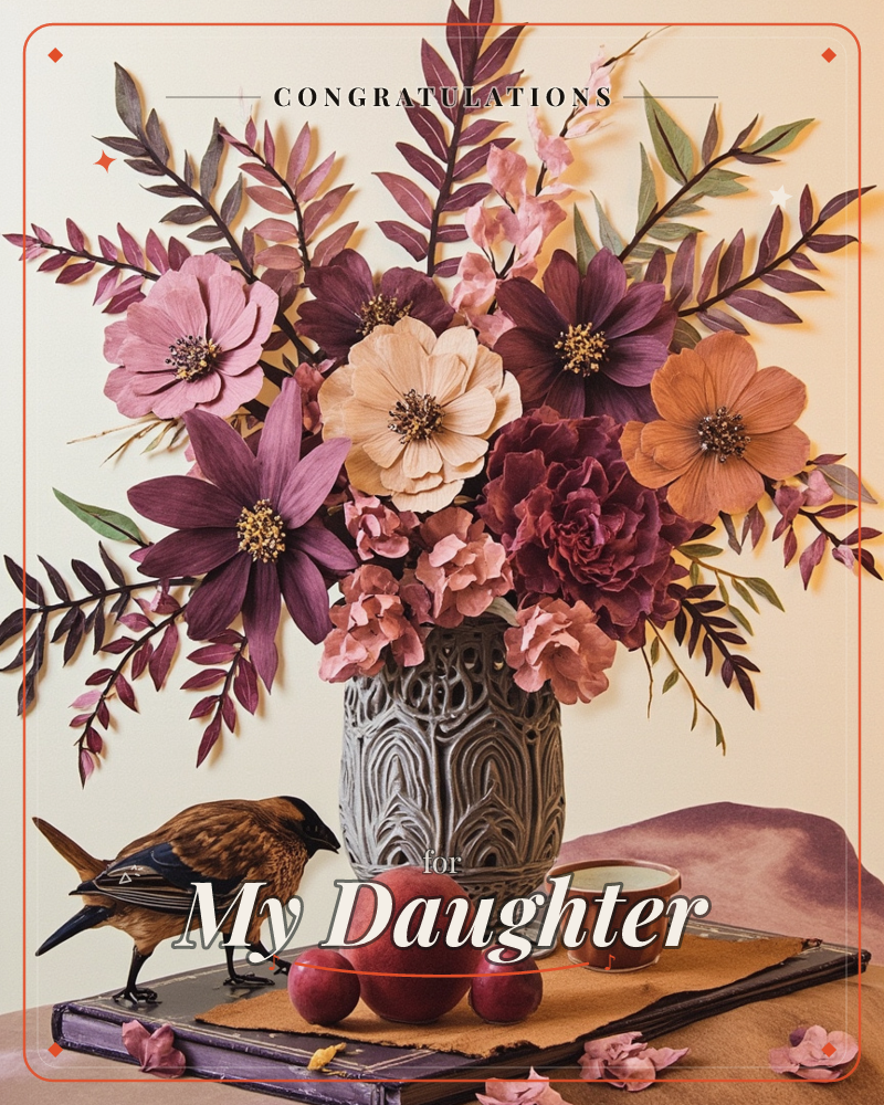 A carved stone vase holds a lush paper-cut bouquet of deep burgundy, blush pink, cream, and rust-orange blooms with sprays of dark leaves, a congratulations e-card design