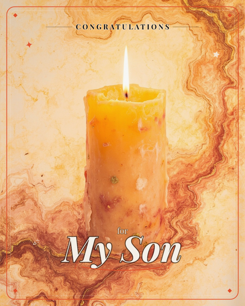 A single lit pillar candle glows at the centre of the card, its wax mottled with amber and rust flecks, set against a marbled background of swirling…, a congratulations e-card design