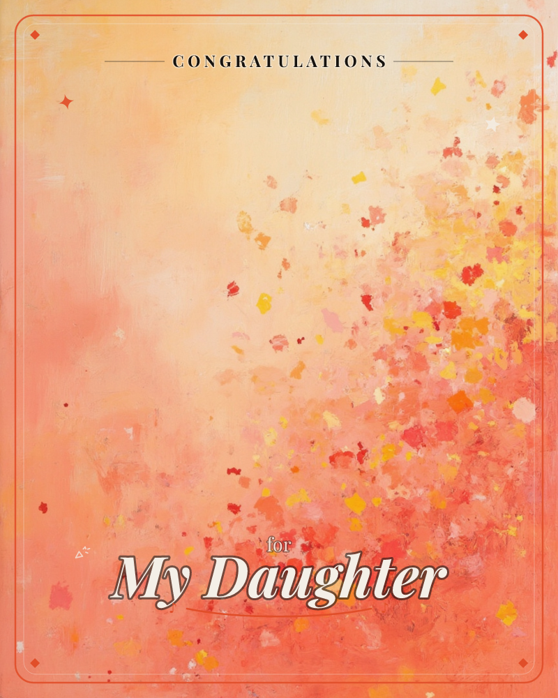 An abstract wash of coral and peach fills the page, with a scatter of small painterly flecks in red, gold, pink and yellow drifting up from the lower…, a congratulations e-card design