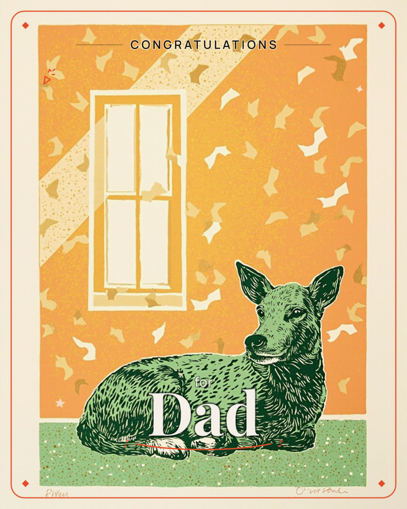 A green-toned deer lies curled on speckled floor beside a tall paned window, its ears alert and legs tucked beneath it, a congratulations e-card design