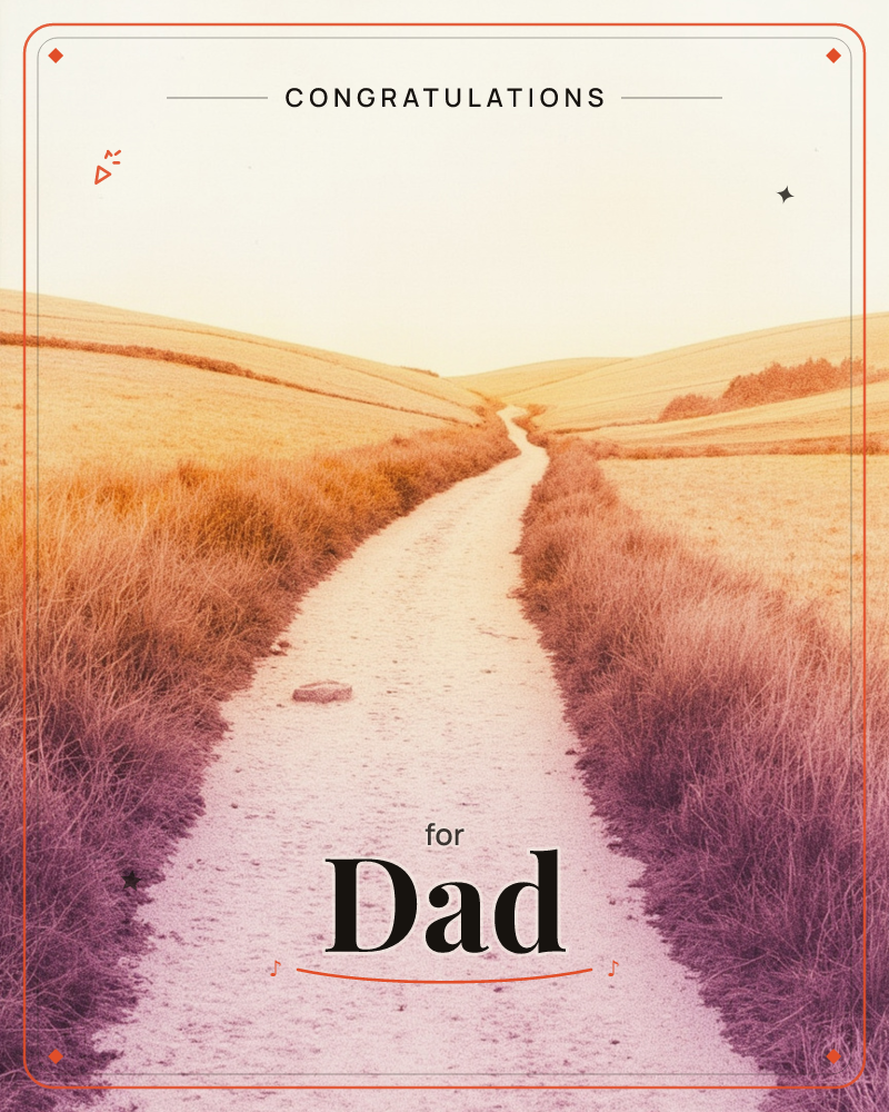 A pale sandy path winds away through open moorland, bordered by tall grasses tinted amber on one side and dusty mauve on the other, a congratulations e-card design