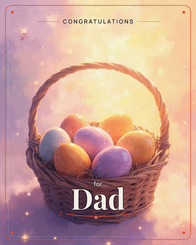 A woven wicker basket sits piled high with speckled Easter eggs in soft orange, lilac, and pale blue, glowing against a dreamy sky of pink and golden…, a congratulations e-card design