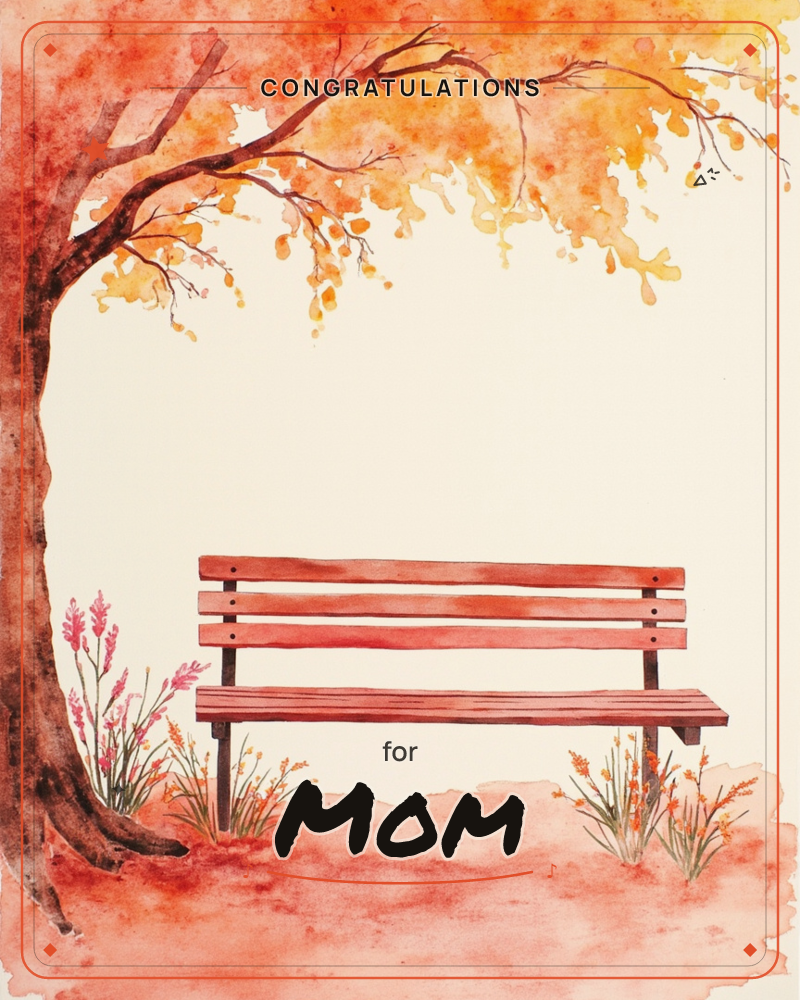 A wooden bench sits empty beneath a sprawling autumn tree, its branches heavy with orange and gold leaves spilling across the top of the page, a congratulations e-card design