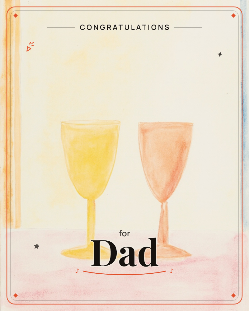 A simple still life of two goblets standing side by side on a soft pink tabletop, one washed in warm yellow and the other in coral pink, painted…, a congratulations e-card design