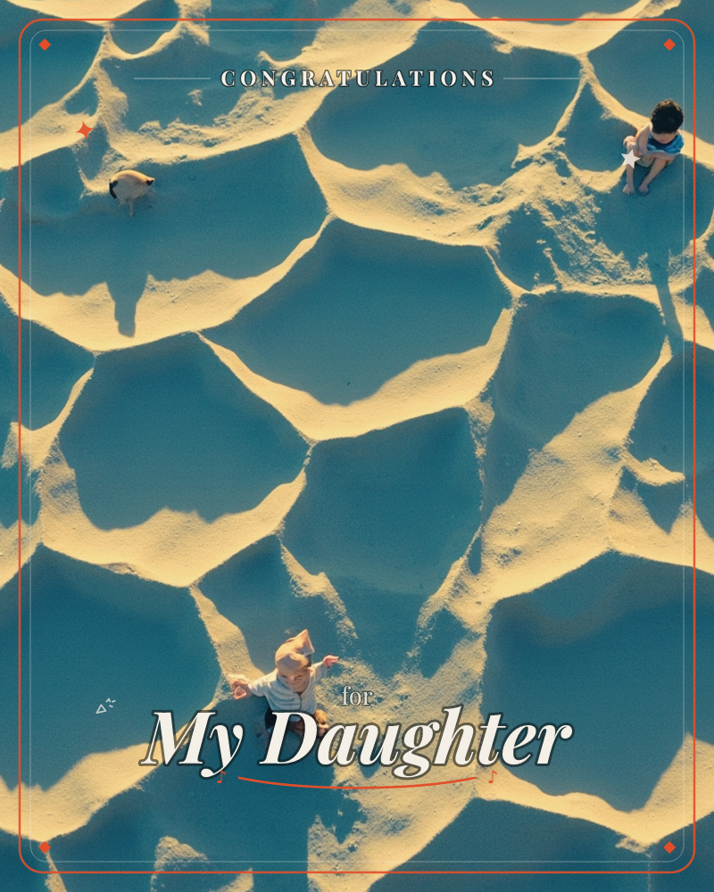 An aerial view looks straight down on a rippled sand dune field, its hollows glowing gold and their long shadows pooling in cool blue-grey, a congratulations e-card design
