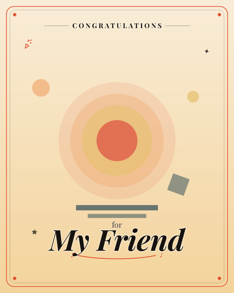 A minimalist card built from soft geometric shapes: a warm coral circle glows at the centre inside rings of peach and gold, like a sun caught mid-rise, a congratulations e-card design by @DittyCityTeam