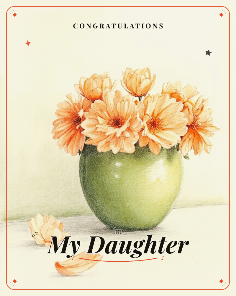 A round green vase holds a full bunch of peachy-orange gerbera daisies against a soft cream background, a congratulations e-card design