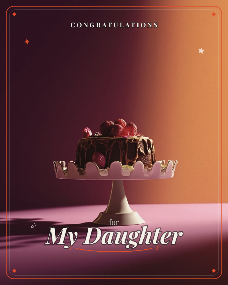 A small chocolate cake, glossy with dripping ganache and piled with fresh raspberries, sits on a scalloped cream cake stand, a congratulations e-card design