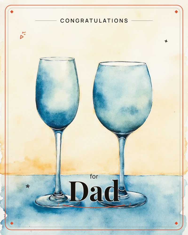 Two empty wine glasses, one tall and slender, one round and full-bodied, stand side by side on a pale surface against a warm golden-yellow backdrop, a congratulations e-card design