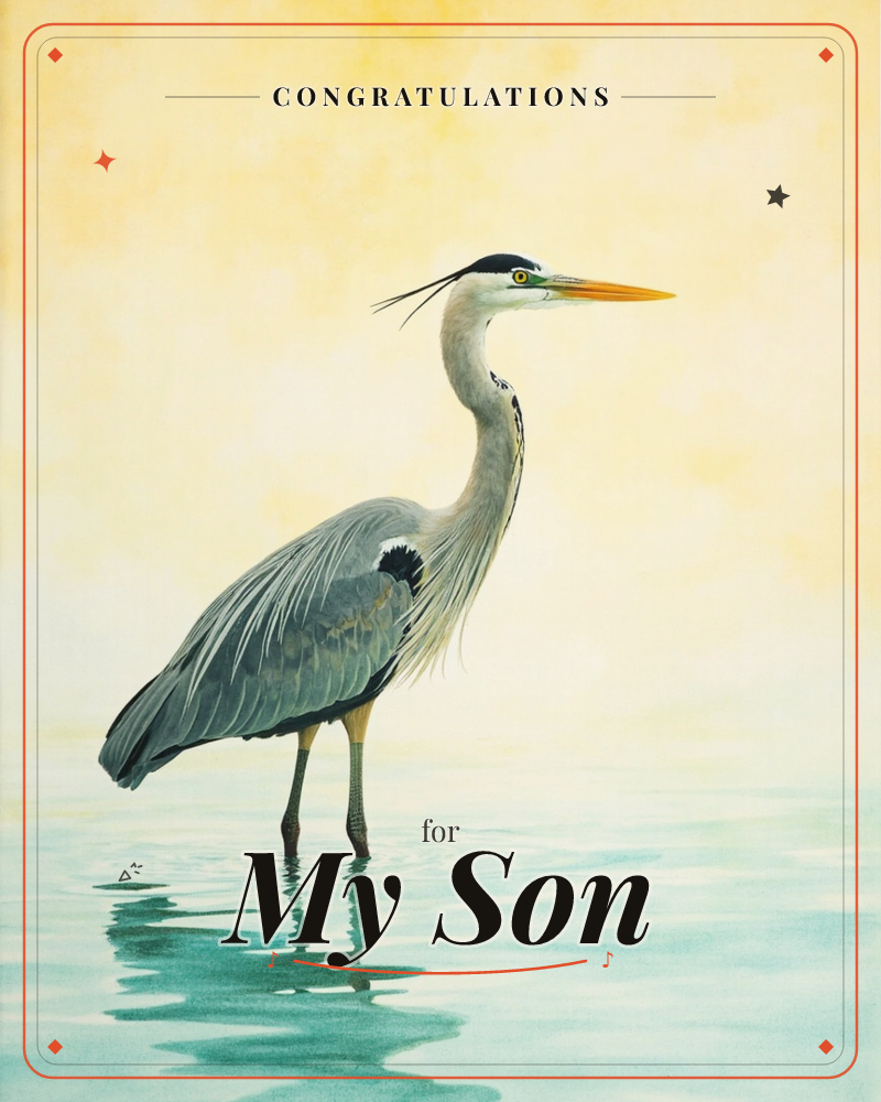 A great blue heron stands motionless in shallow water, its long neck curved and sharp orange beak pointing outward, a congratulations e-card design