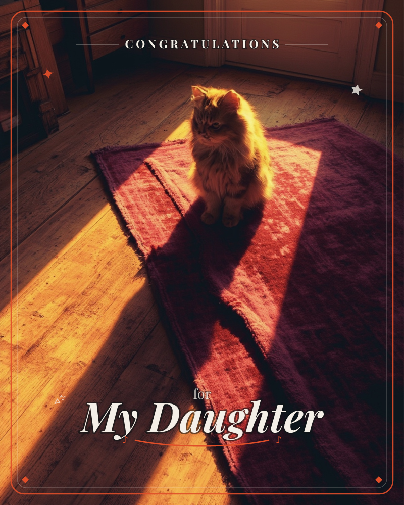 A long-haired ginger cat sits on a fringed burgundy rug in a wedge of low, golden sunlight cutting across old wooden floorboards, a congratulations e-card design