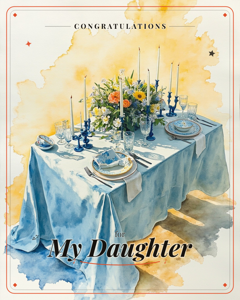 A dining table is dressed in a pale blue cloth that falls in soft folds, set for a celebration with blue candlesticks, patterned china, and crystal…, a congratulations e-card design