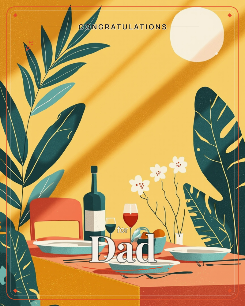 A sunlit outdoor table is set for a meal, with plates, wine glasses, and a bottle of wine surrounded by lush teal palm and eucalyptus leaves, a congratulations e-card design